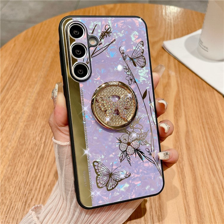 For Samsung Galaxy A55 5G Case Rhinestones Decor Kickstand TPU+PC Butterfly Floral Phone Cover - Purple