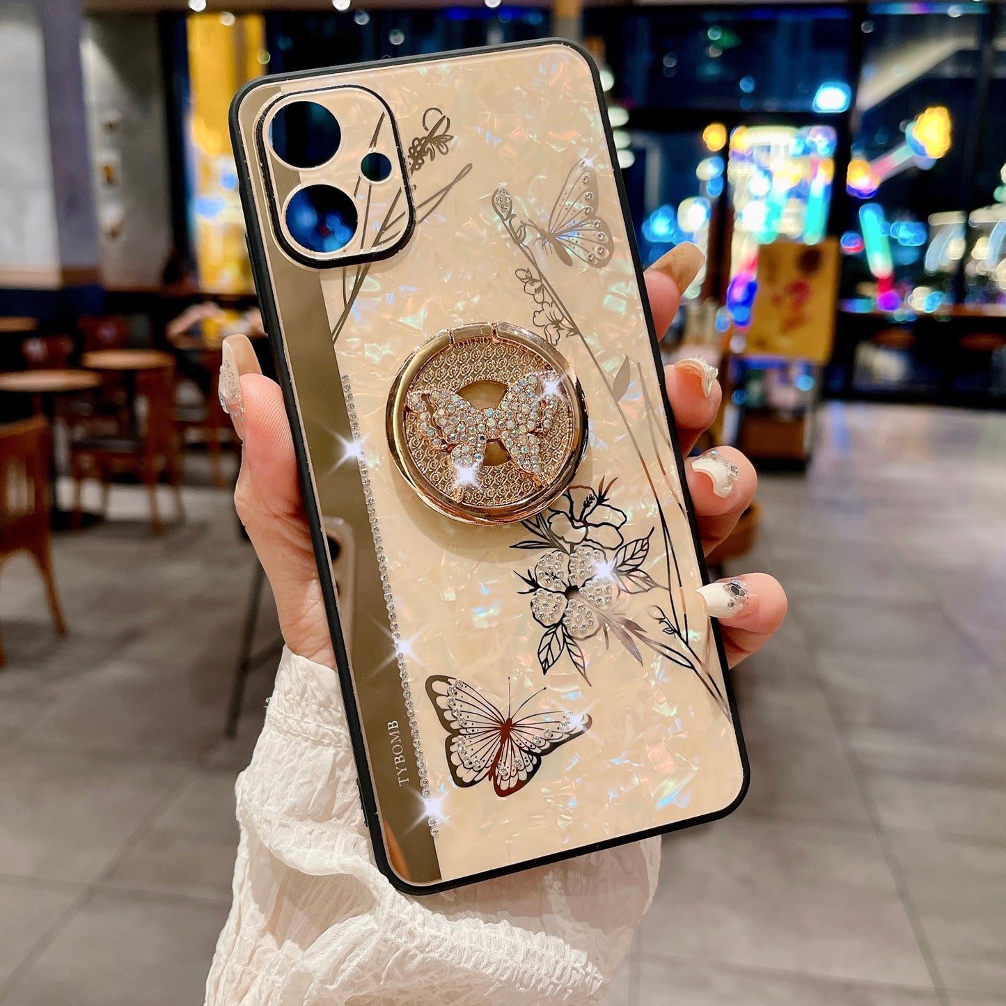 For Samsung Galaxy A06 Case Rhinestones Decor Kickstand TPU+PC Butterfly Floral Phone Cover - Gold