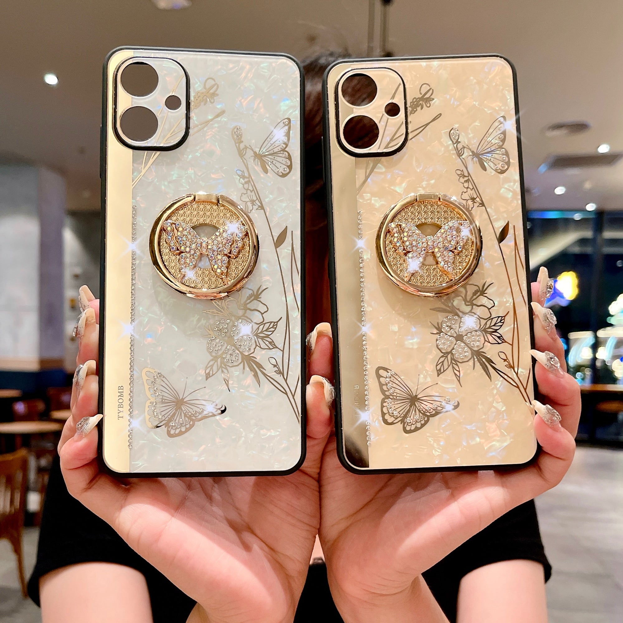For Samsung Galaxy A06 Case Rhinestones Decor Kickstand TPU+PC Butterfly Floral Phone Cover - Gold