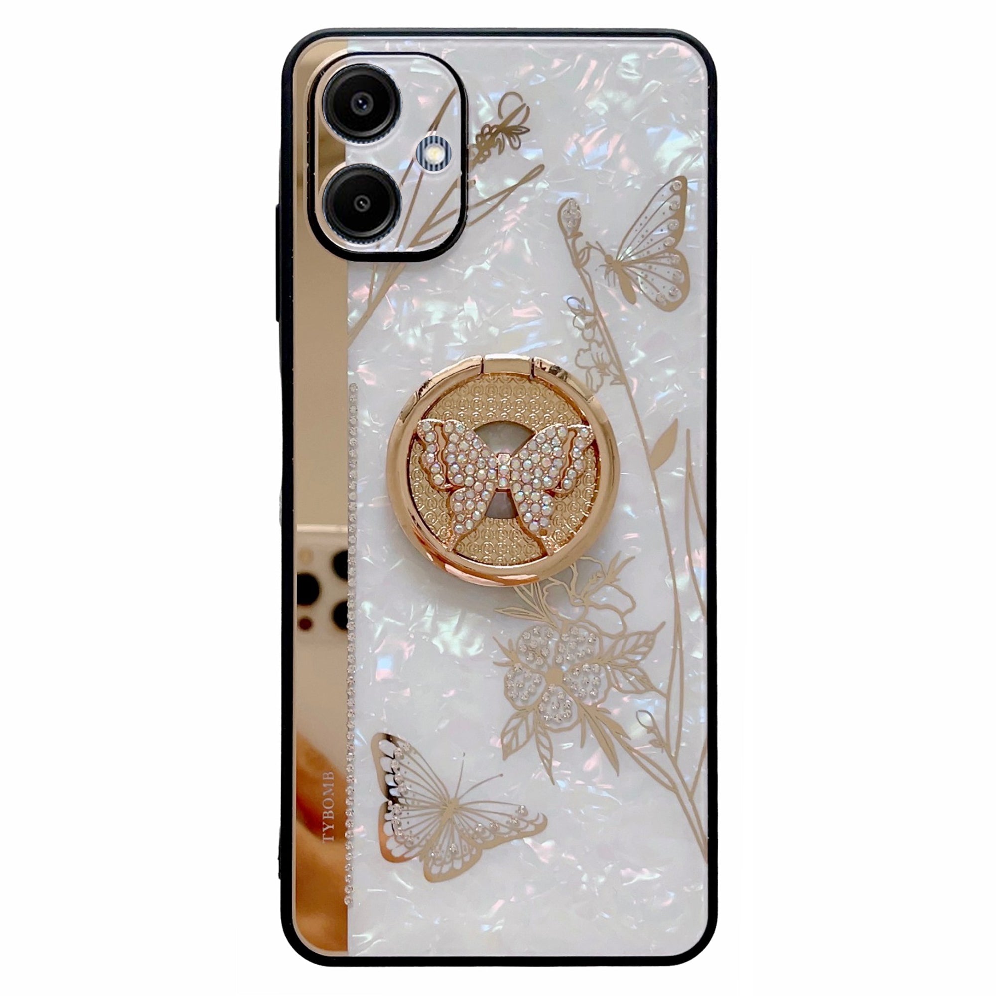 For Samsung Galaxy A06 Case Rhinestones Decor Kickstand TPU+PC Butterfly Floral Phone Cover - White