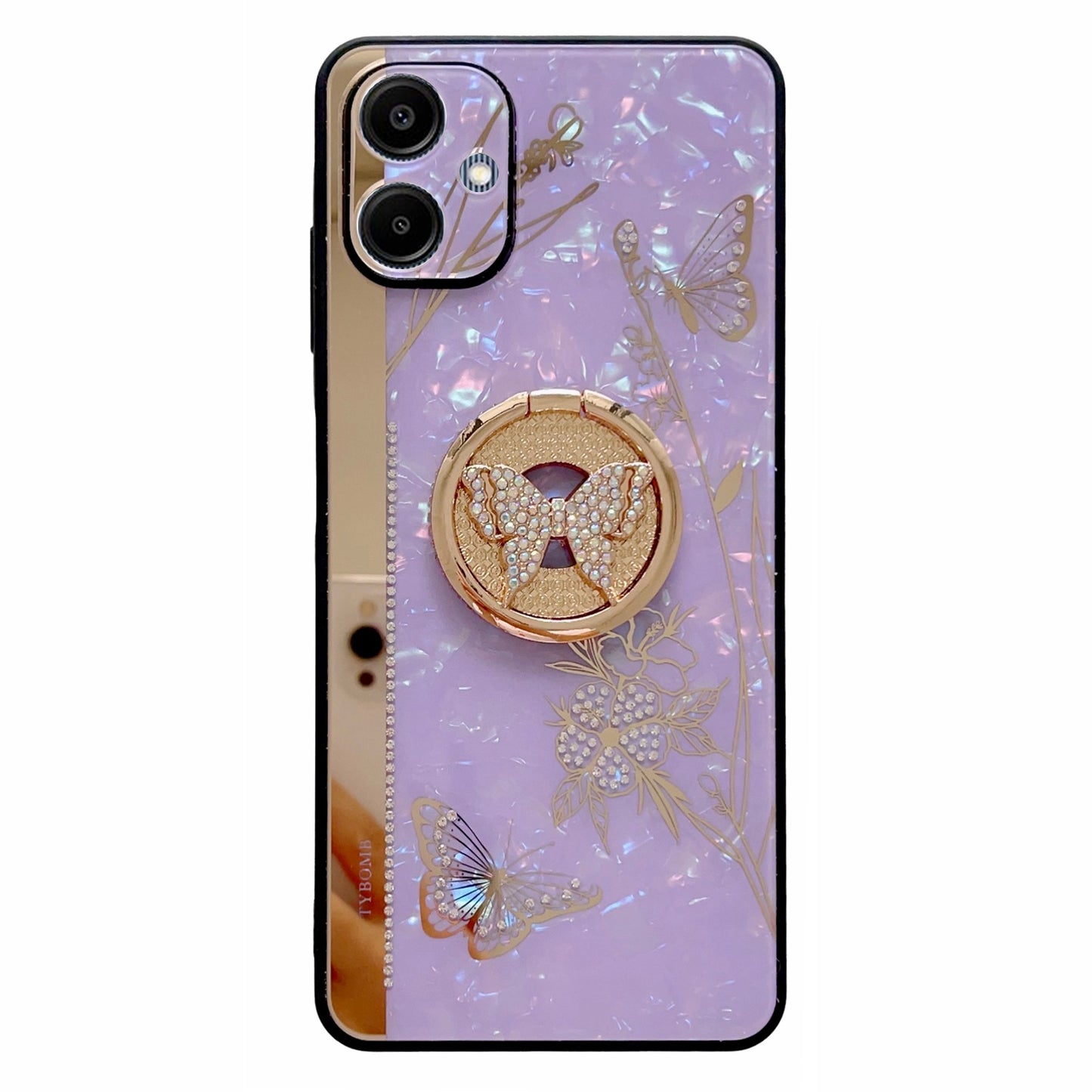 For Samsung Galaxy A06 Case Rhinestones Decor Kickstand TPU+PC Butterfly Floral Phone Cover - Purple
