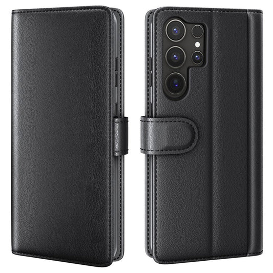 For Samsung Galaxy S25 Ultra Case Genuine Split Leather Phone Cover Wallet Card Slot - Black