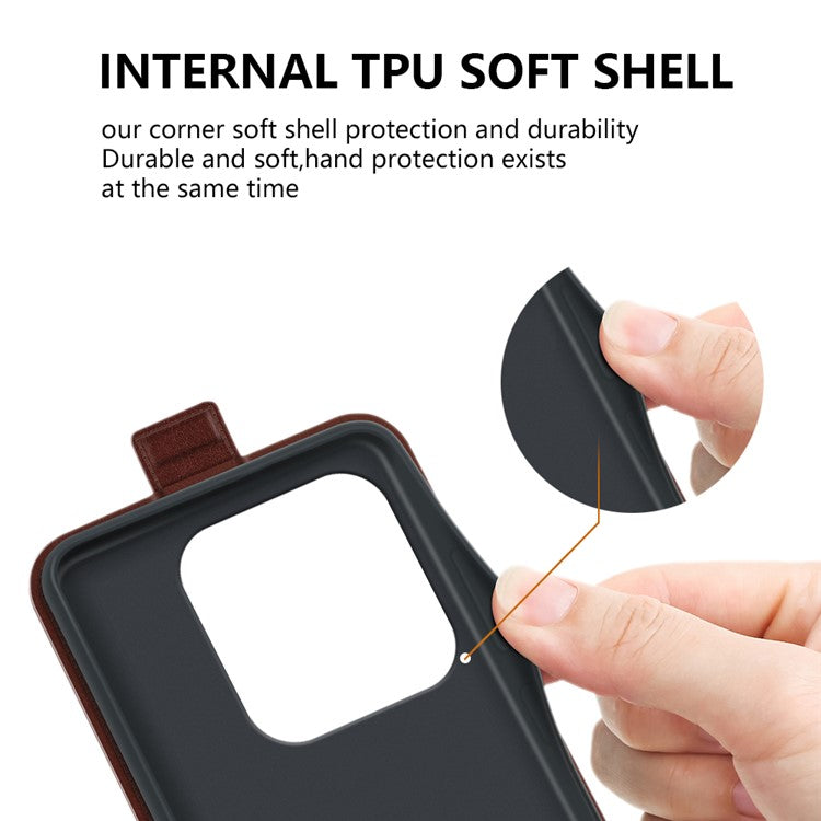 For Xiaomi Redmi Note 14 5G Case with Card Slots Vertical Flip Leather Phone Cover - Brown