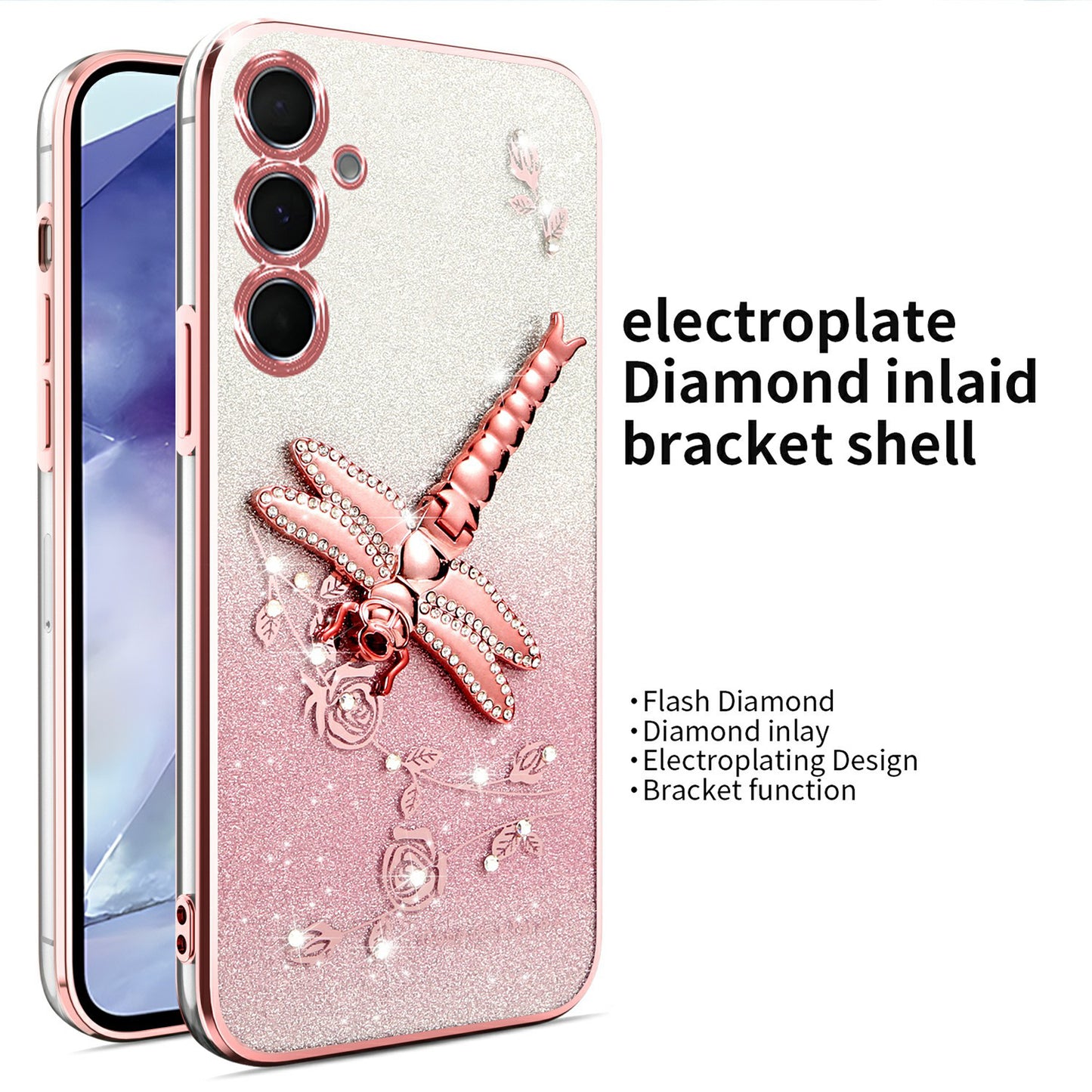 KADEM For Samsung Galaxy A16 5G  /  4G Case Dragonfly Kickstand TPU Flowers Glitter Phone Cover - Pink