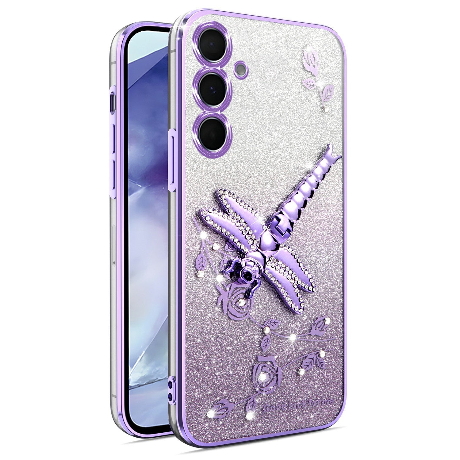 KADEM For Samsung Galaxy A16 5G  /  4G Case Dragonfly Kickstand TPU Flowers Glitter Phone Cover - Purple