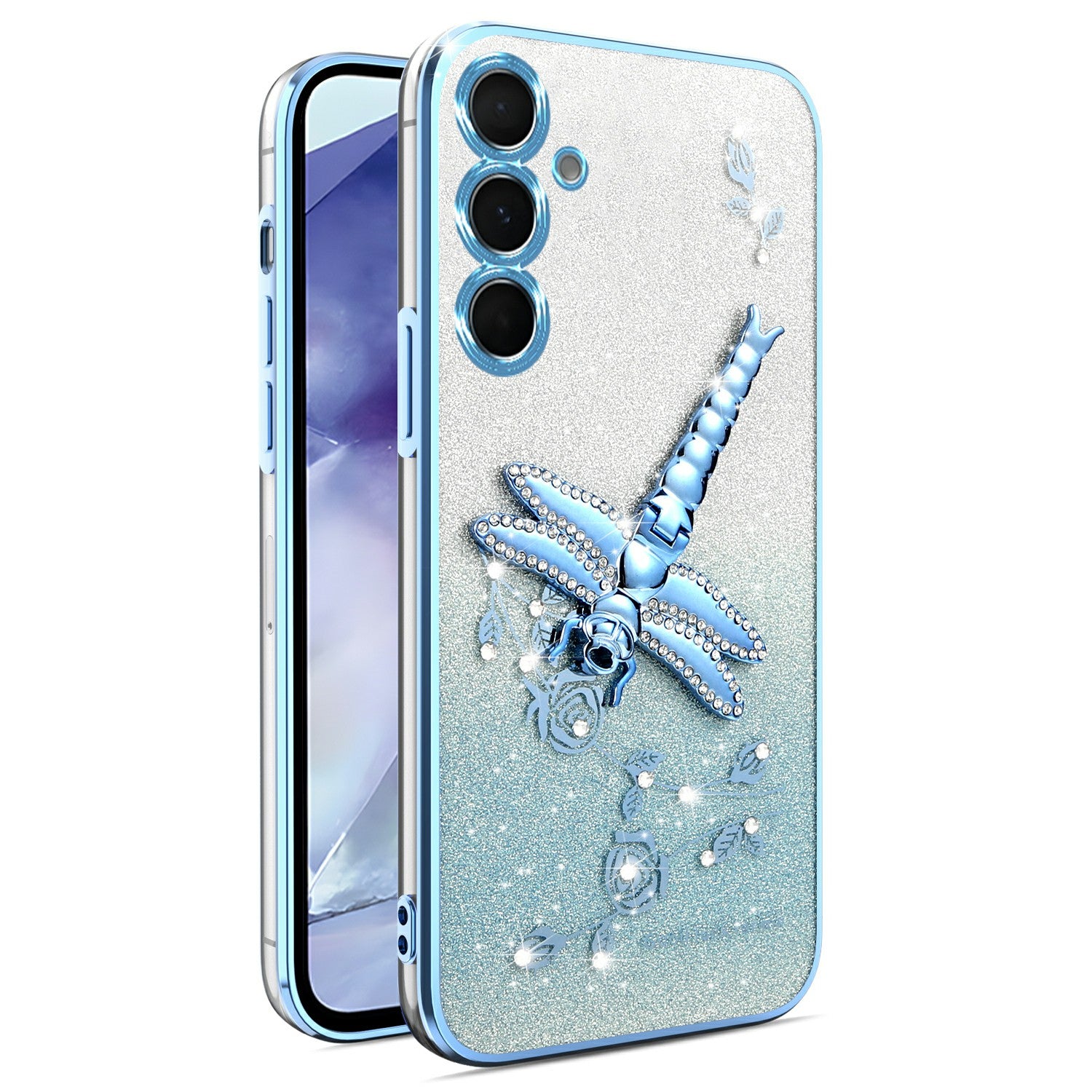 KADEM For Samsung Galaxy A16 5G  /  4G Case Dragonfly Kickstand TPU Flowers Glitter Phone Cover - Blue