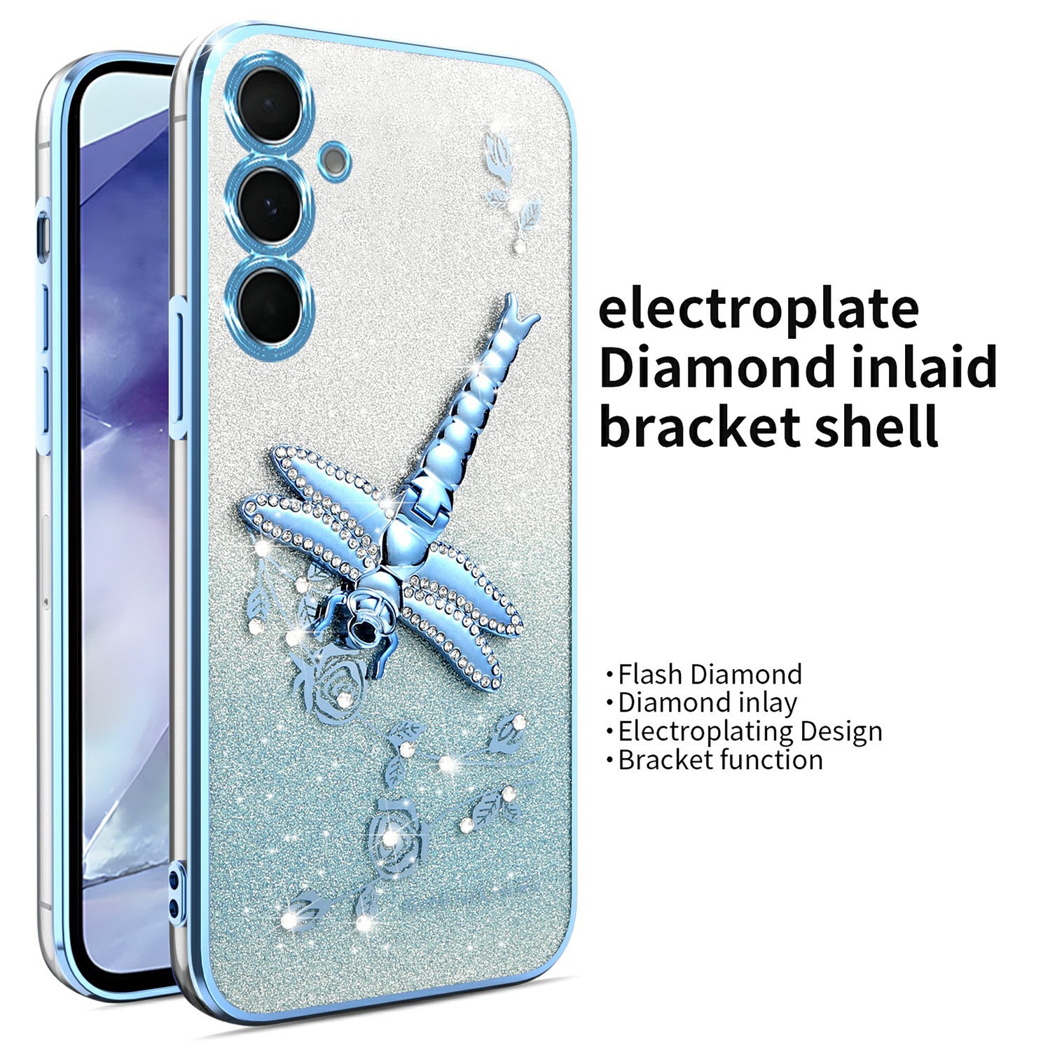 KADEM For Samsung Galaxy A16 5G  /  4G Case Dragonfly Kickstand TPU Flowers Glitter Phone Cover - Blue