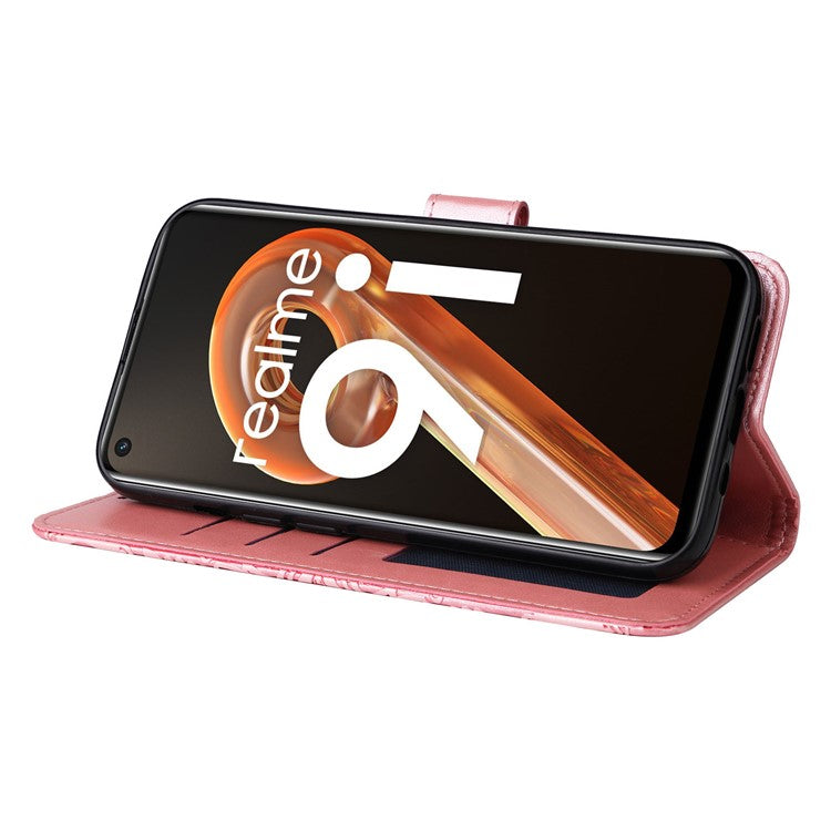 For Realme 9i 4G / Oppo A36 / A76 / A96 4G / K10 4G PU Leather Wallet Case Imprinted Sunflower Stand Magnetic Clasp All-Round Protection Phone Cover with Wrist Strap - Pink
