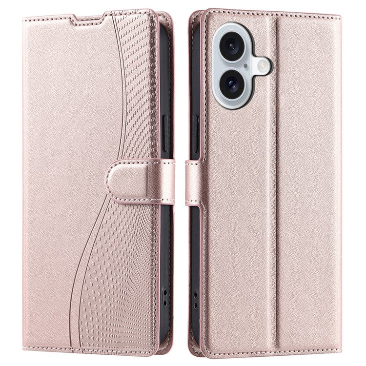 For iPhone 16 Plus Case Dots Imprinted PU Leather Flip Phone Cover with Card Slot, Strap - Rose Gold