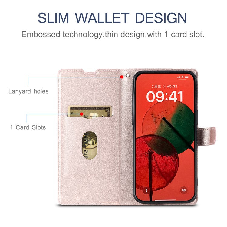 For iPhone 16 Plus Case Dots Imprinted PU Leather Flip Phone Cover with Card Slot, Strap - Rose Gold
