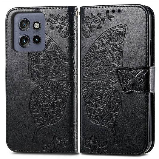 For Motorola Edge 50 Neo 5G / Moto S50 5G / Thinkphone 25 5G Case PU Leather Wallet Phone Cover Butterfly Pattern - Black