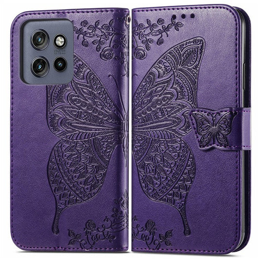 For Motorola Edge 50 Neo 5G / Moto S50 5G / Thinkphone 25 5G Case PU Leather Wallet Phone Cover Butterfly Pattern - Dark Purple