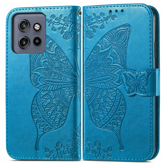 For Motorola Edge 50 Neo 5G Case PU Leather Wallet Phone Cover Butterfly Pattern - Blue