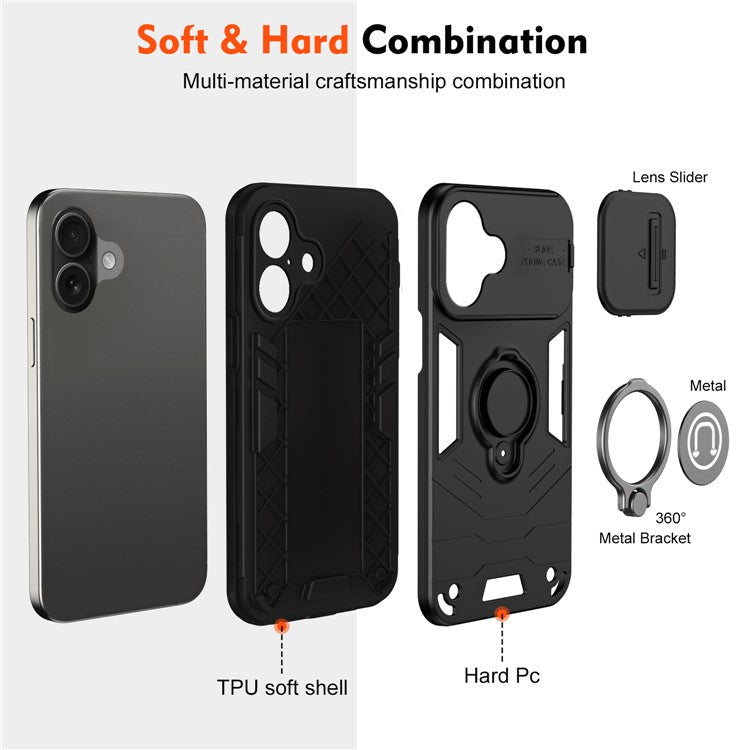 For iPhone 16 Plus Case Slide Camshield Kickstand PC+TPU Phone Cover - Black