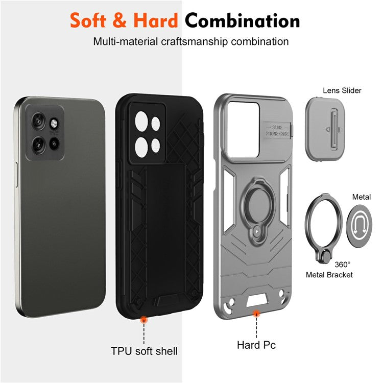 Phone Case For Motorola Edge 50 Neo 5G / Moto S50 5G / Thinkphone 25 5G PC+TPU Cover with Slide Camshield Kickstand- Grey