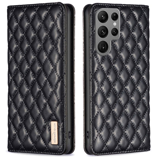 BINFEN COLOR BF Style-16 For Samsung Galaxy S25 Ultra Case Card Slots Rhombus Leather Cover - Black