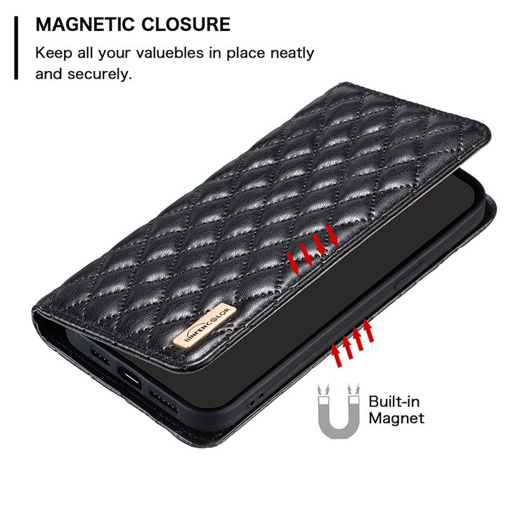 BINFEN COLOR BF Style-16 For Samsung Galaxy S25 Ultra Case Card Slots Rhombus Leather Cover - Black