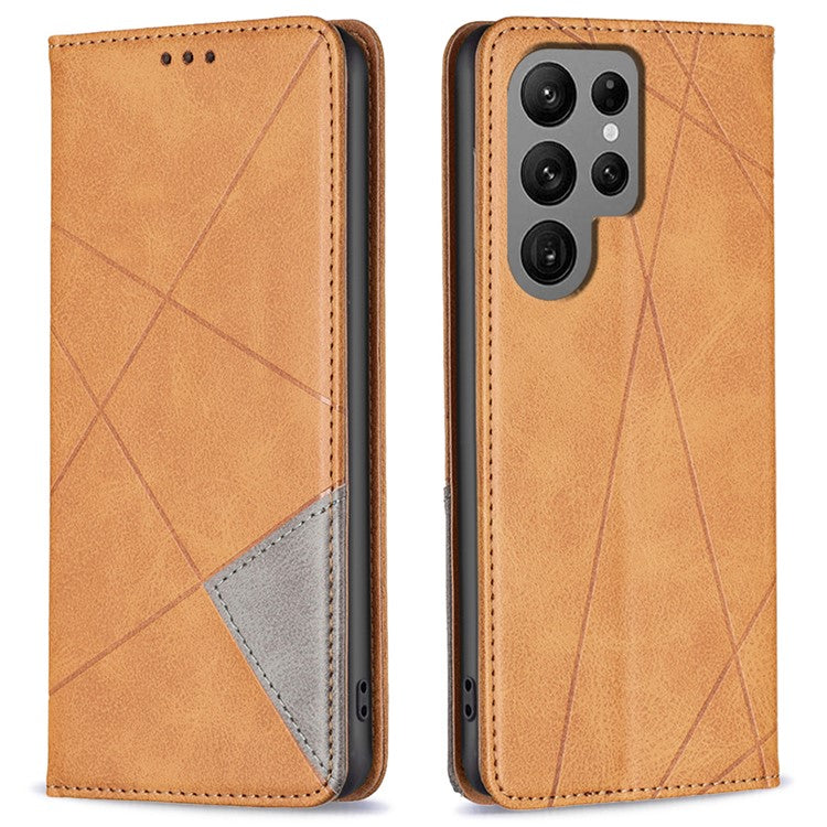 For Samsung Galaxy S25 Ultra Case Card Slots Geometry Imprint Leather Phone Cover - Yellow