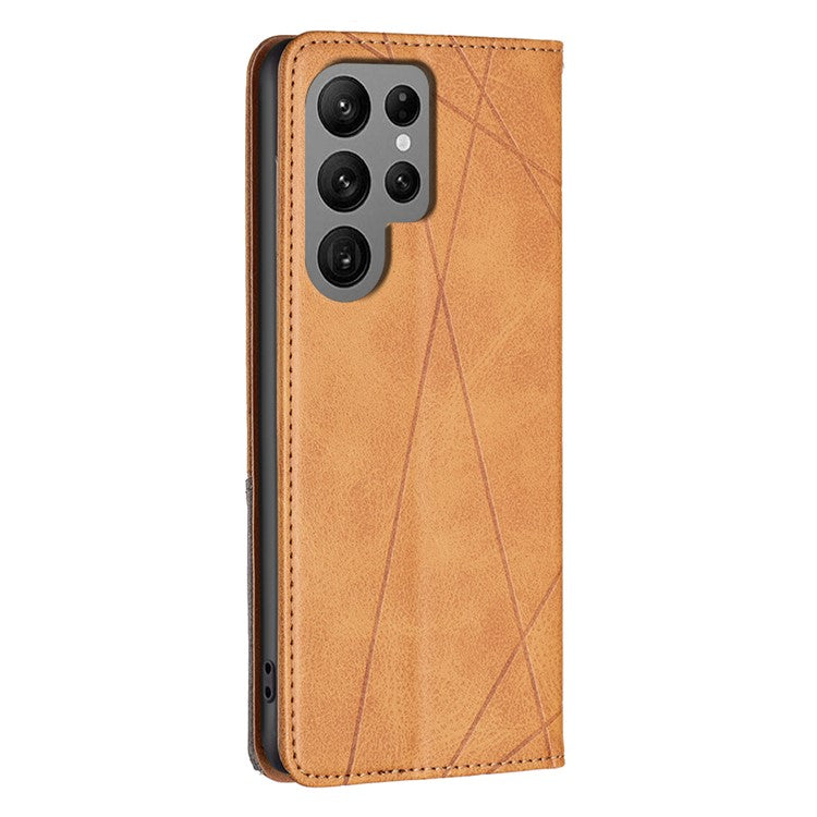 For Samsung Galaxy S25 Ultra Case Card Slots Geometry Imprint Leather Phone Cover - Yellow