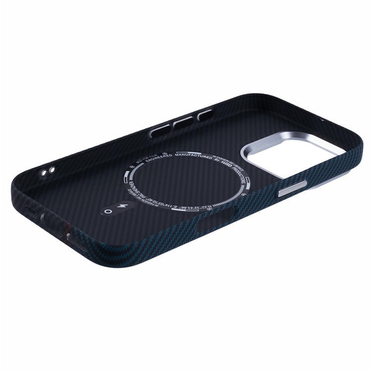 For iPhone 16 Pro Case Compatible with MagSafe Carbon Fiber Texture Water-Transfer PC Phone Cover - Blue+Red+Black