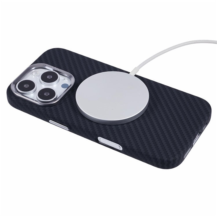 For iPhone 16 Pro Case Compatible with MagSafe Carbon Fiber Texture Water-Transfer PC Phone Cover - Black