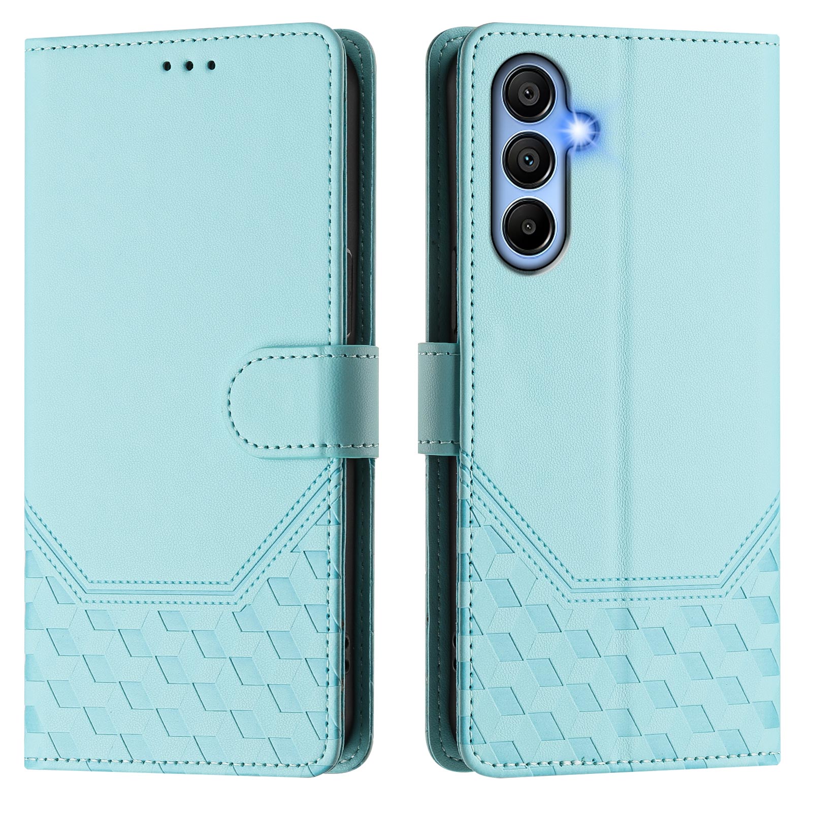 For Samsung Galaxy A06 Case Imprinted Honeycomb RFID Blocking Leather Phone Cover with Strap - Mint Green