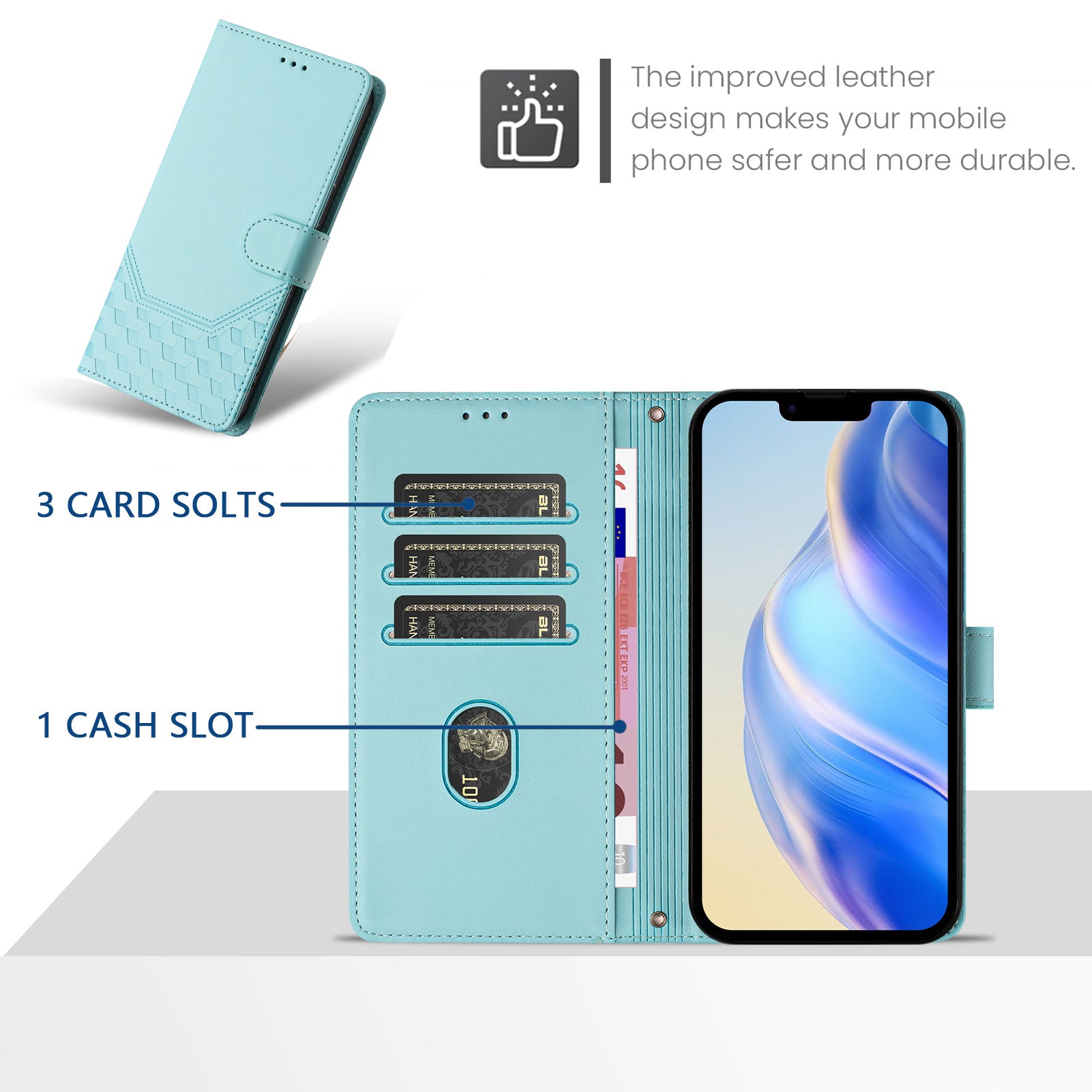 For Samsung Galaxy A06 Case Imprinted Honeycomb RFID Blocking Leather Phone Cover with Strap - Mint Green