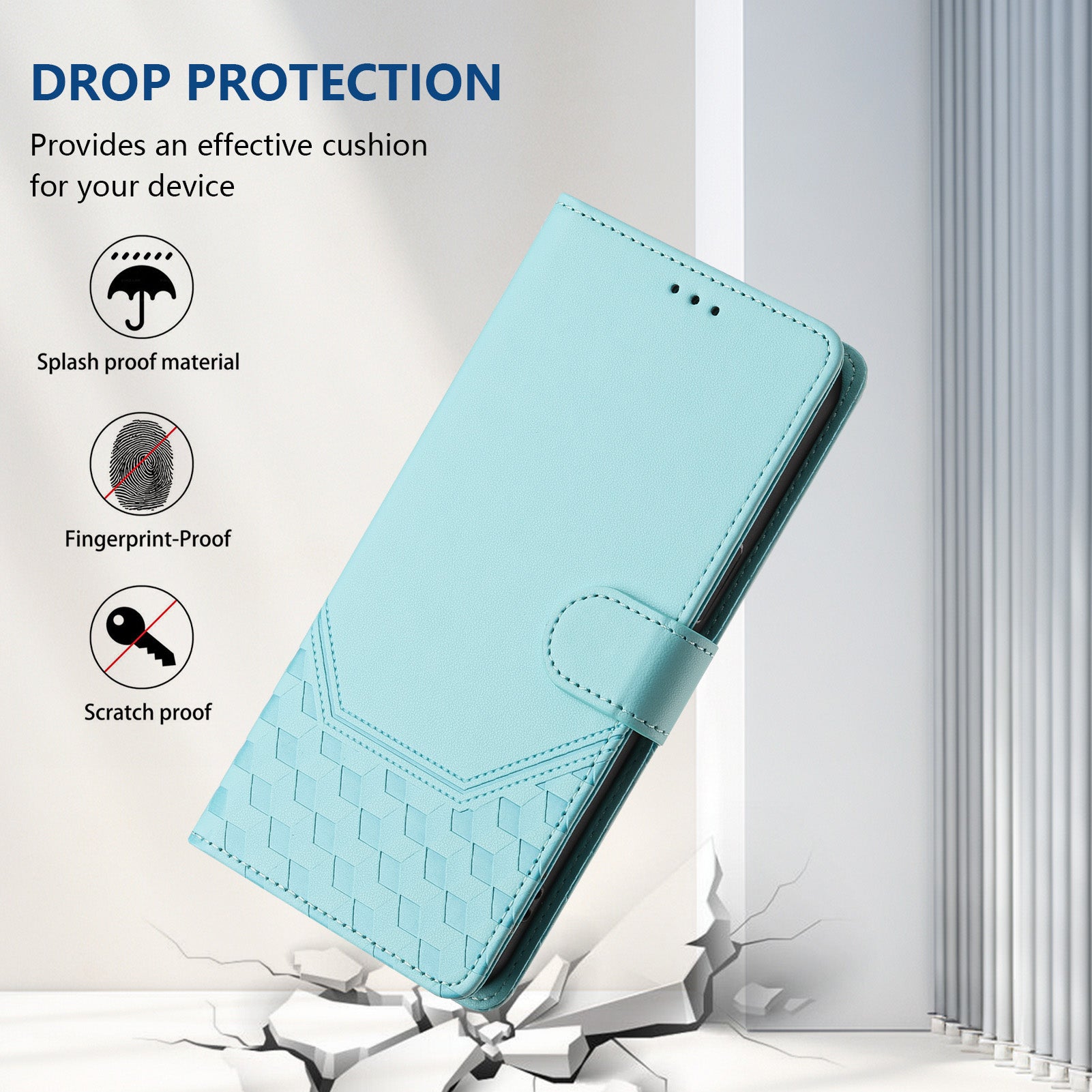 For Samsung Galaxy A06 Case Imprinted Honeycomb RFID Blocking Leather Phone Cover with Strap - Mint Green