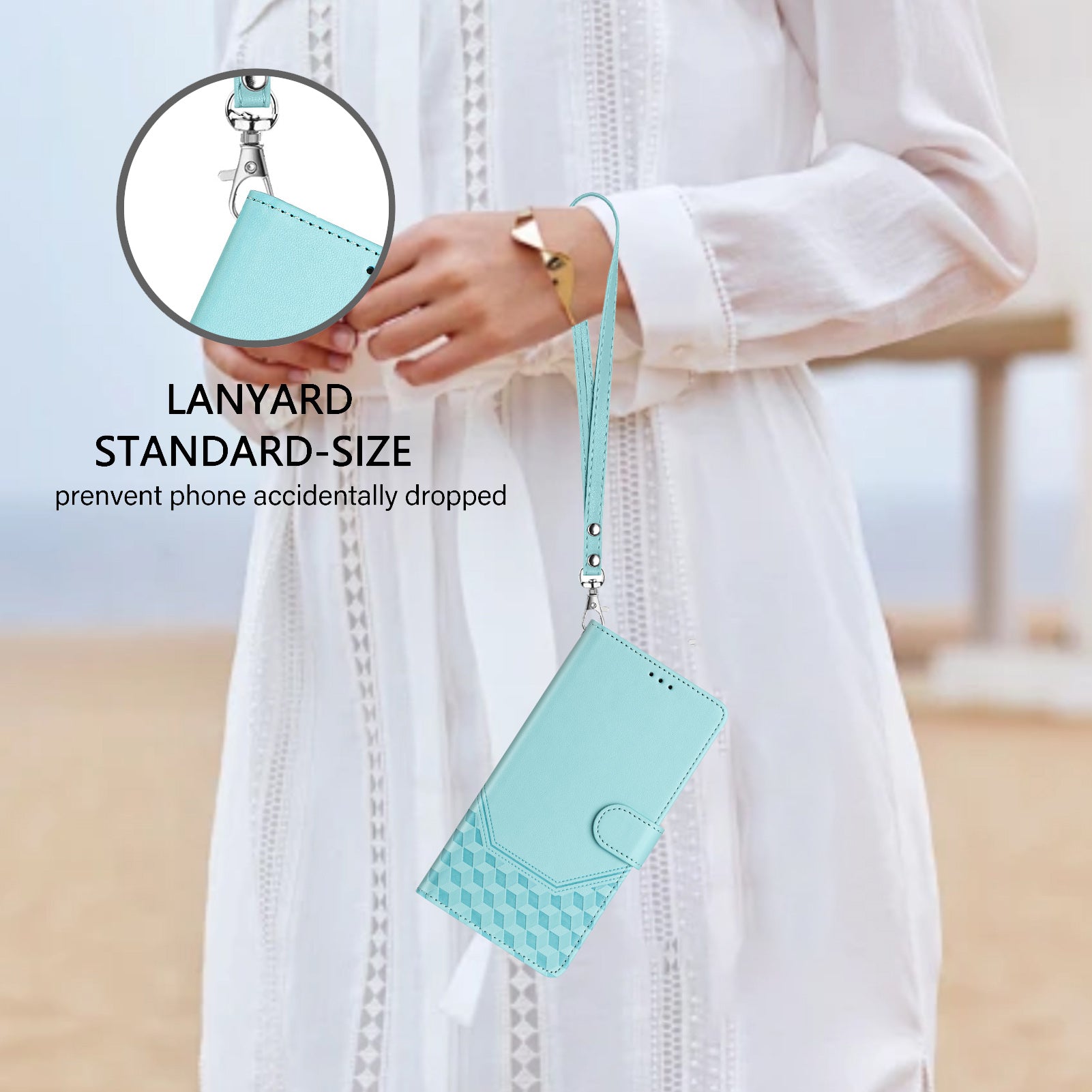 For Samsung Galaxy A06 Case Imprinted Honeycomb RFID Blocking Leather Phone Cover with Strap - Mint Green
