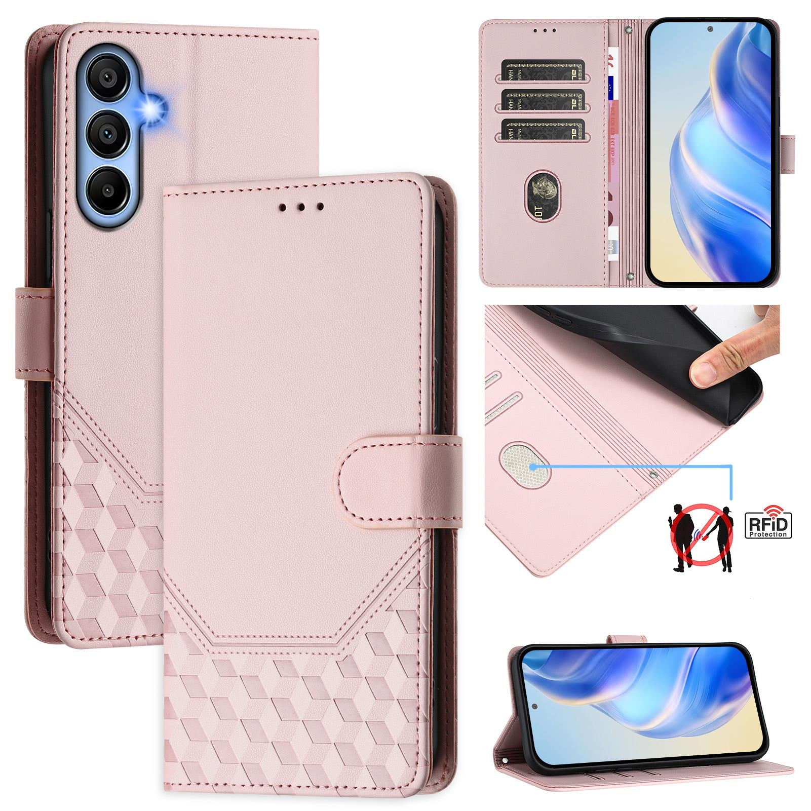For Samsung Galaxy A06 Case Imprinted Honeycomb RFID Blocking Leather Phone Cover with Strap - Pink