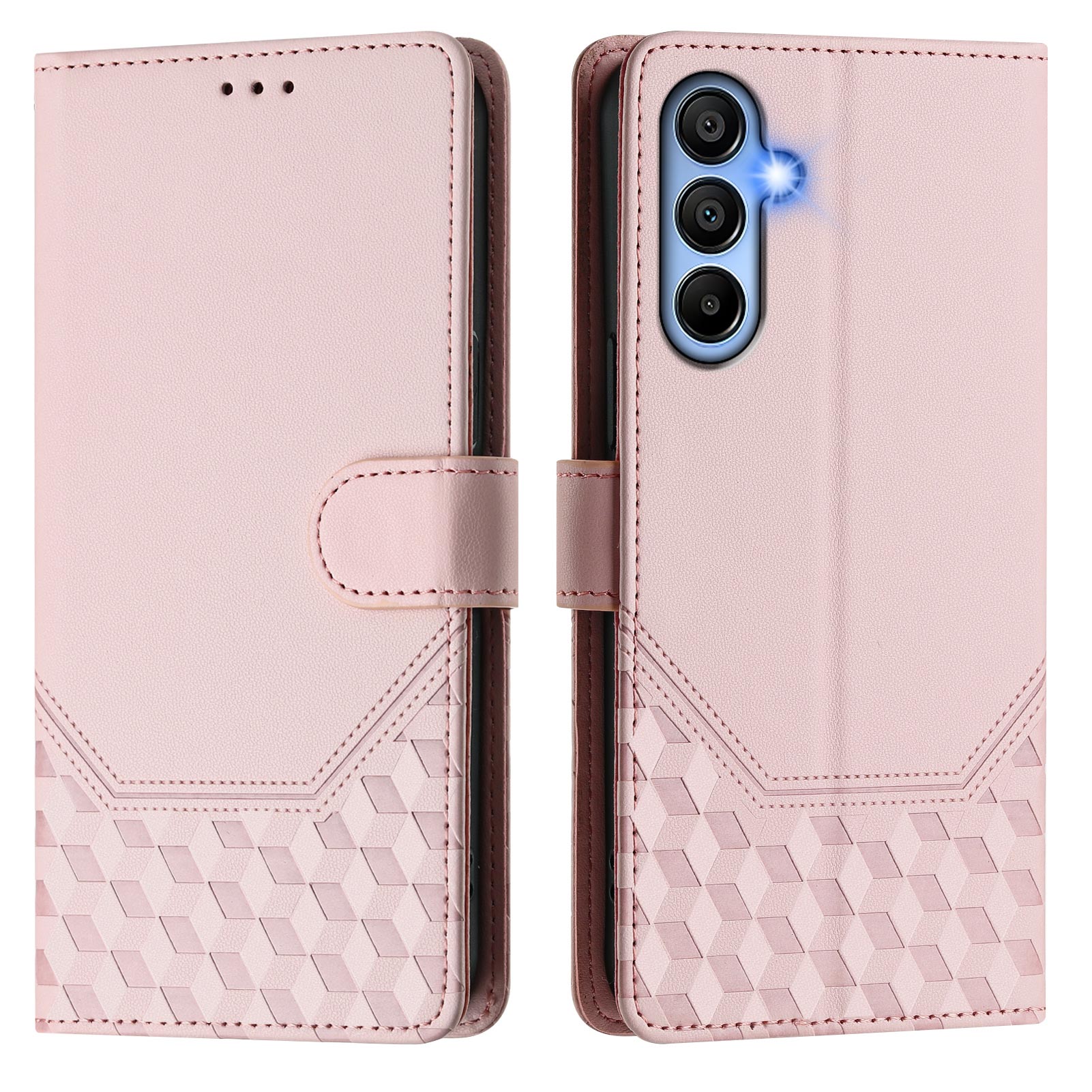 For Samsung Galaxy A06 Case Imprinted Honeycomb RFID Blocking Leather Phone Cover with Strap - Pink