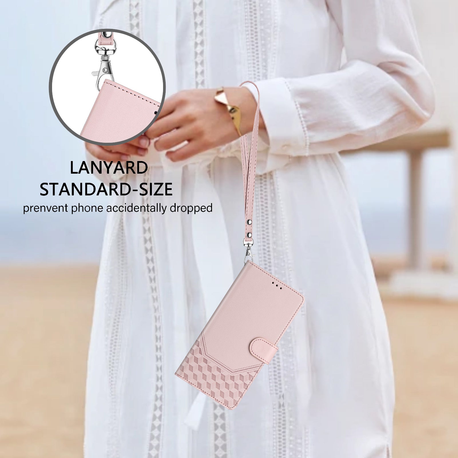 For Samsung Galaxy A06 Case Imprinted Honeycomb RFID Blocking Leather Phone Cover with Strap - Pink