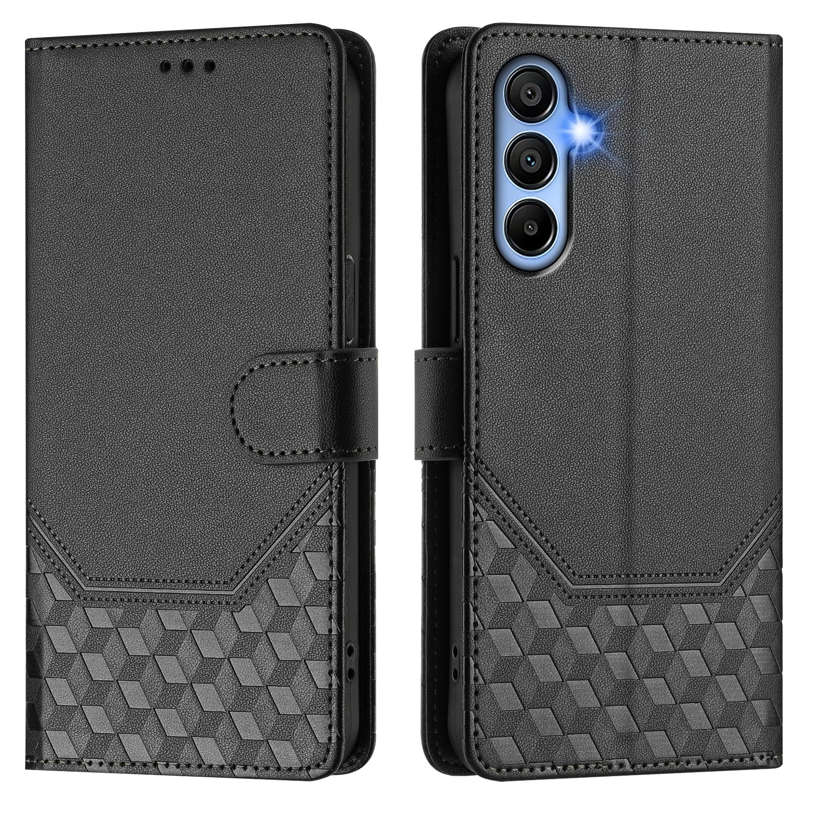 For Samsung Galaxy A06 Case Imprinted Honeycomb RFID Blocking Leather Phone Cover with Strap - Black