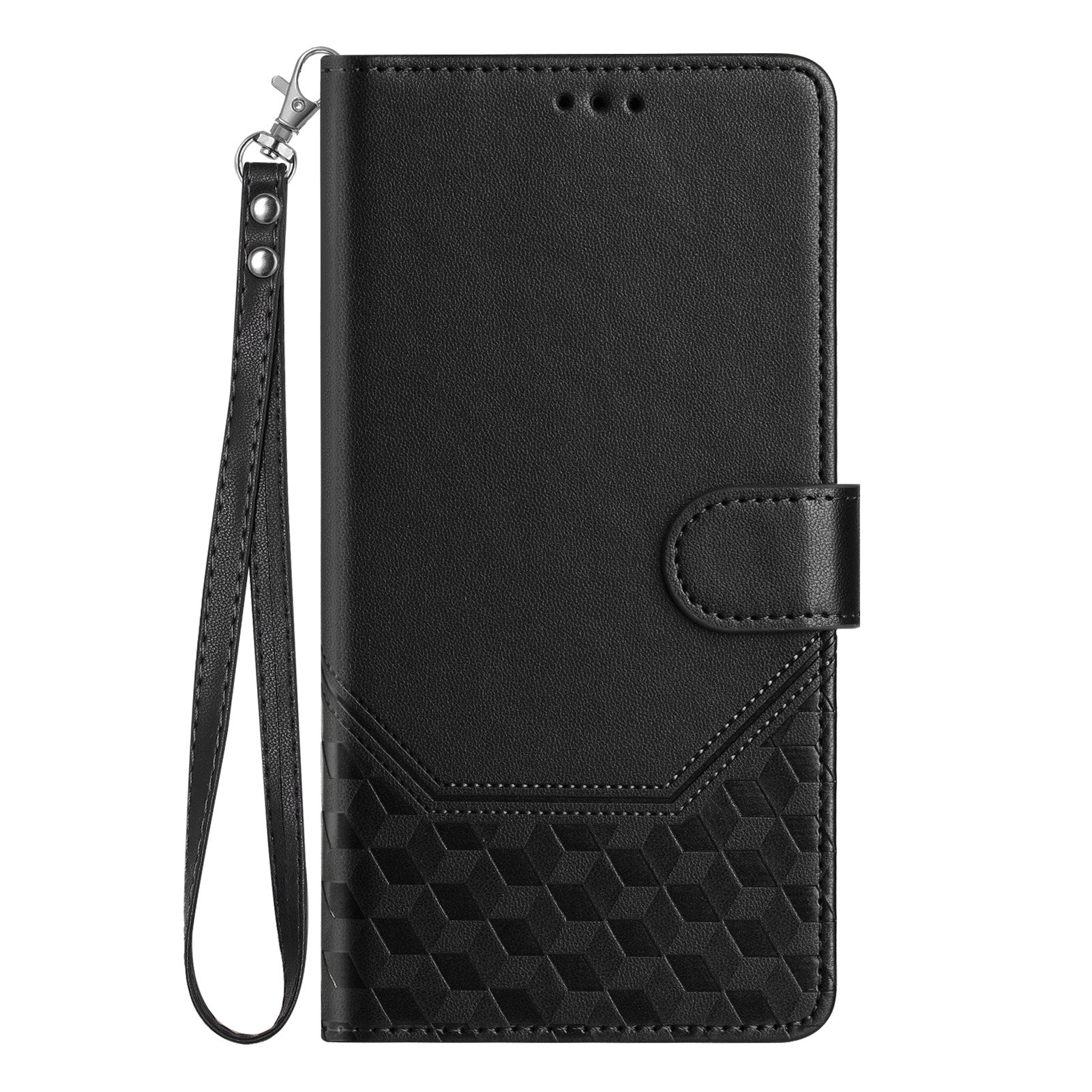 For Samsung Galaxy A06 Case Imprinted Honeycomb RFID Blocking Leather Phone Cover with Strap - Black