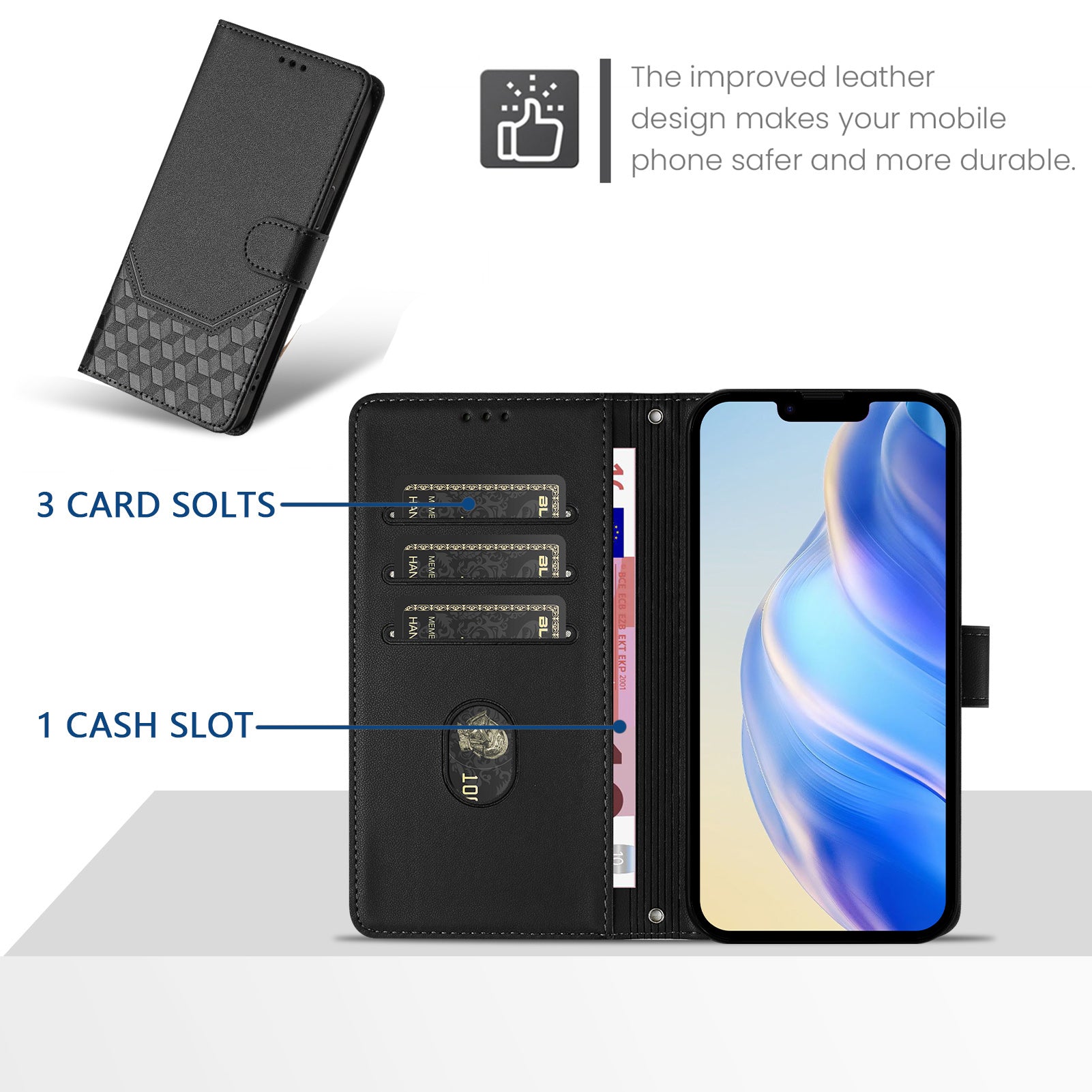 For Samsung Galaxy A06 Case Imprinted Honeycomb RFID Blocking Leather Phone Cover with Strap - Black