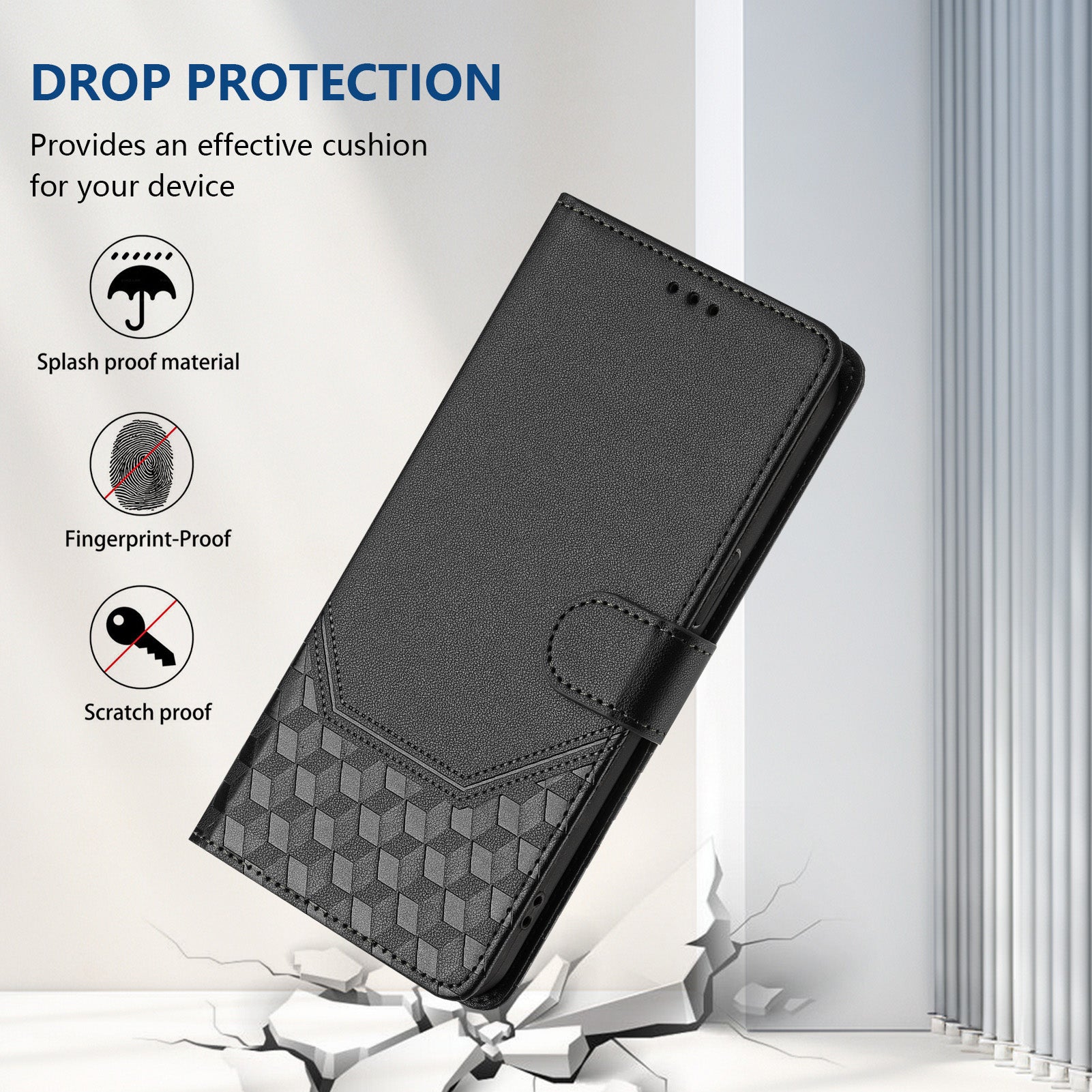 For Samsung Galaxy A06 Case Imprinted Honeycomb RFID Blocking Leather Phone Cover with Strap - Black
