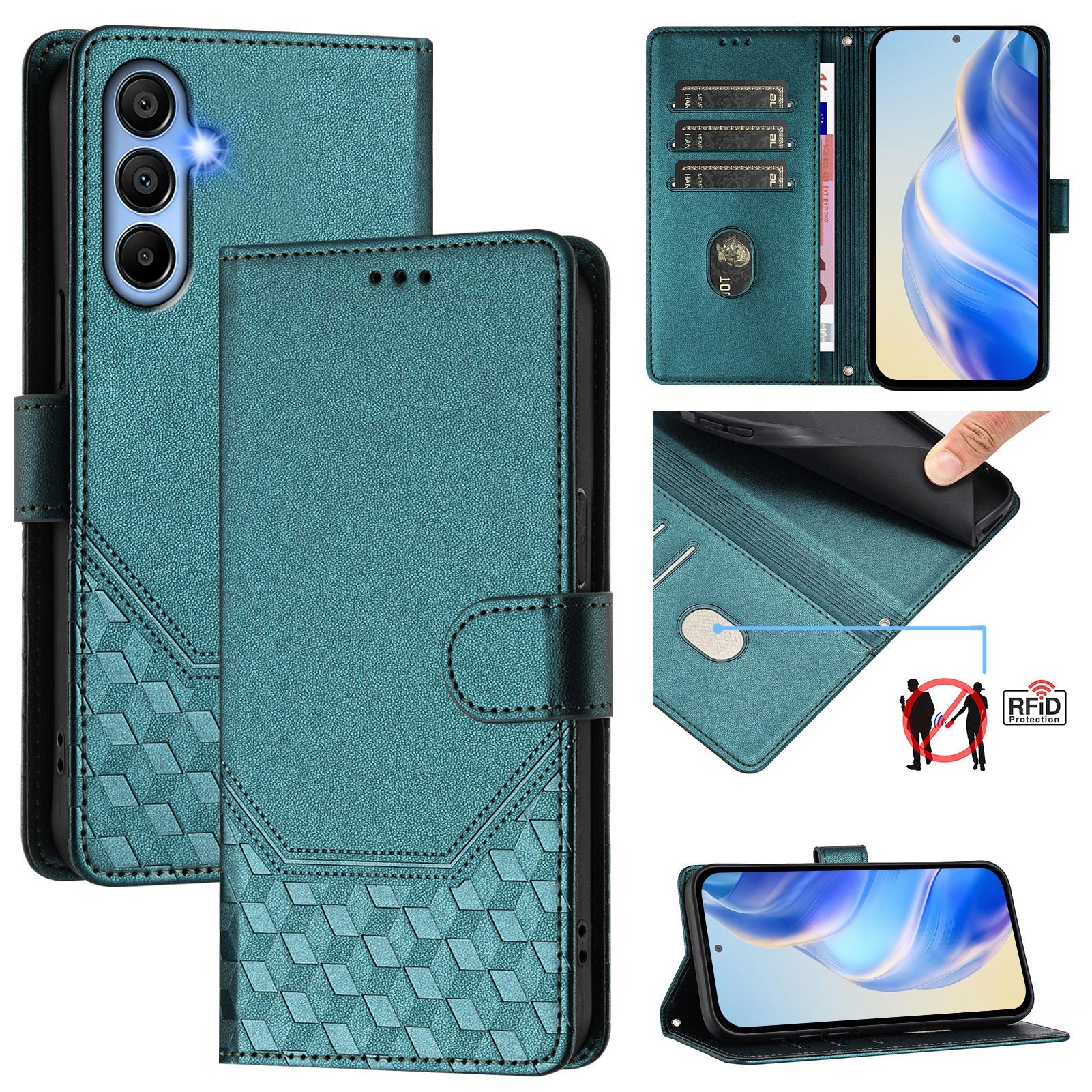 For Samsung Galaxy A06 Case Imprinted Honeycomb RFID Blocking Leather Phone Cover with Strap - Green