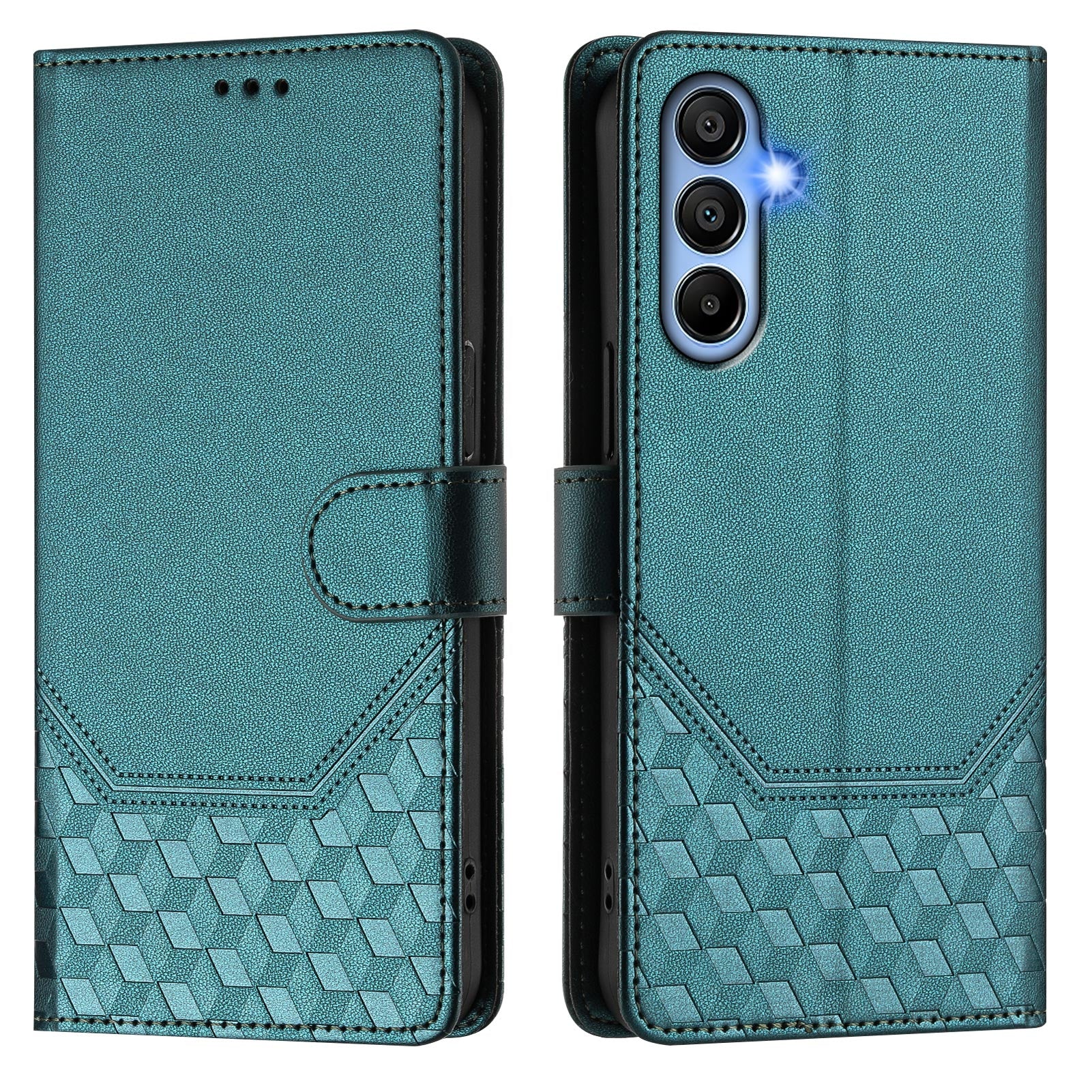 For Samsung Galaxy A06 Case Imprinted Honeycomb RFID Blocking Leather Phone Cover with Strap - Green