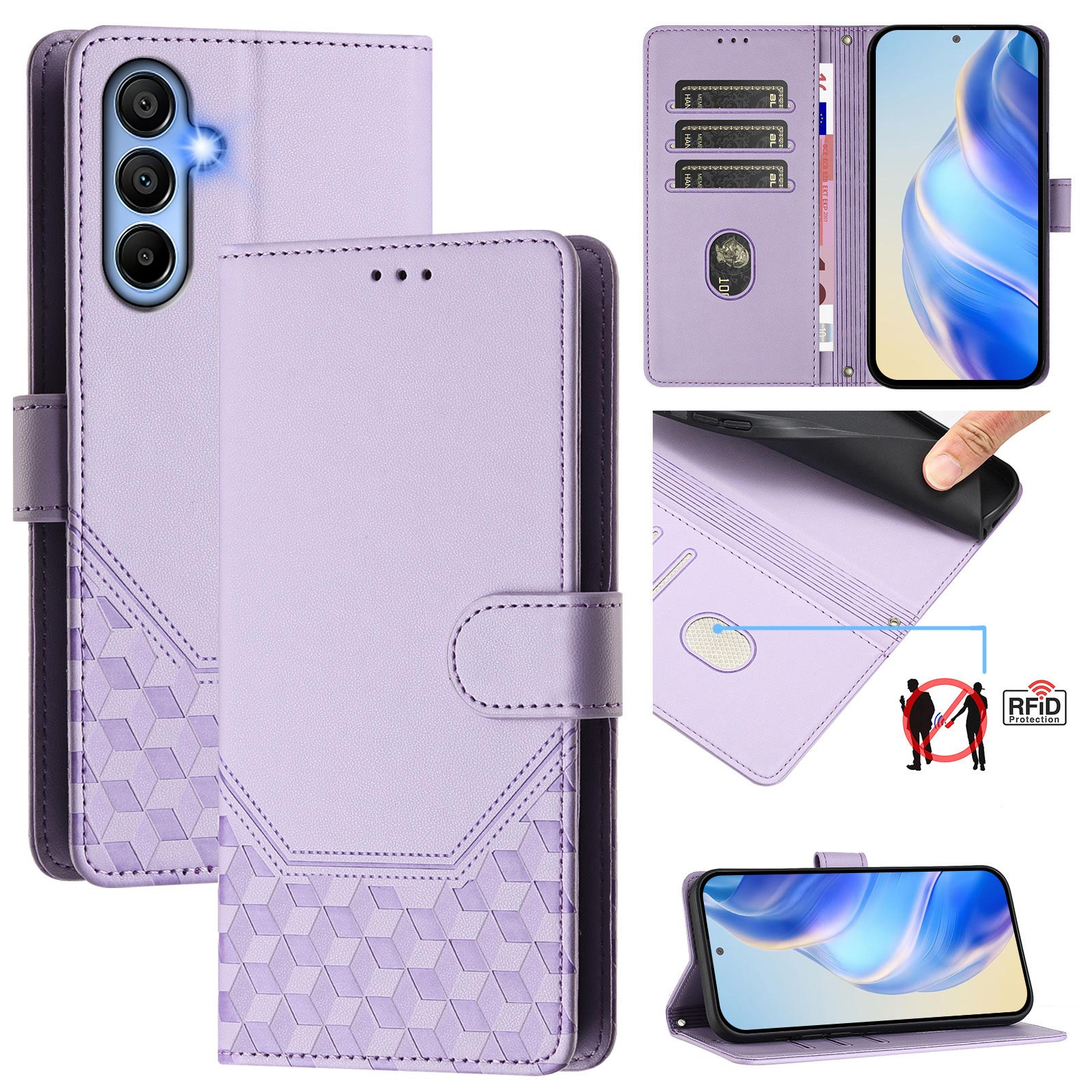For Samsung Galaxy A06 Case Imprinted Honeycomb RFID Blocking Leather Phone Cover with Strap - Light Purple
