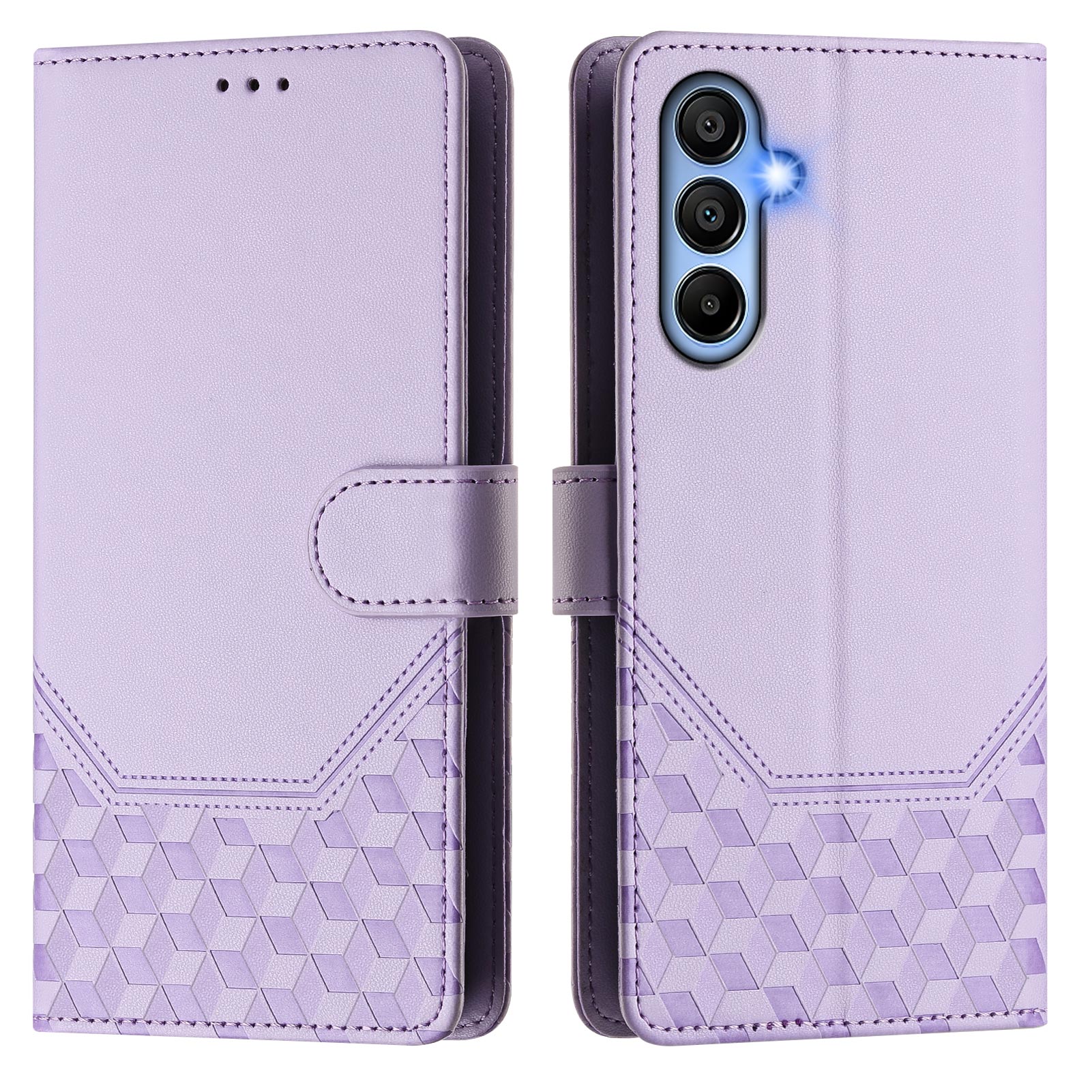 For Samsung Galaxy A06 Case Imprinted Honeycomb RFID Blocking Leather Phone Cover with Strap - Light Purple