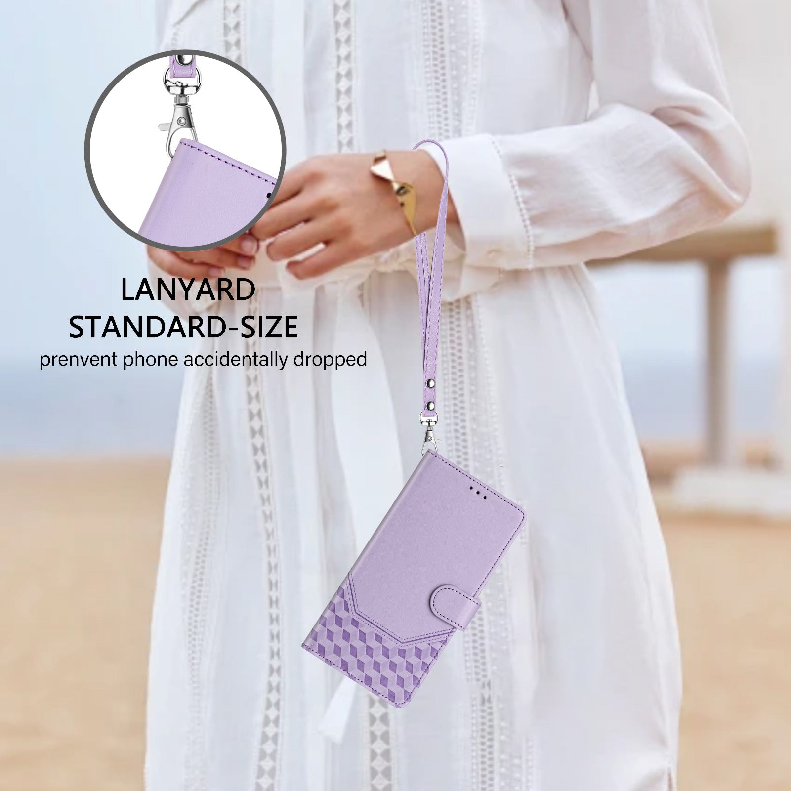 For Samsung Galaxy A06 Case Imprinted Honeycomb RFID Blocking Leather Phone Cover with Strap - Light Purple
