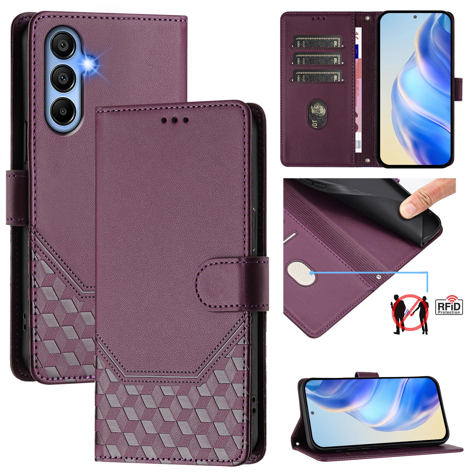 For Samsung Galaxy A06 Case Imprinted Honeycomb RFID Blocking Leather Phone Cover with Strap - Dark Purple