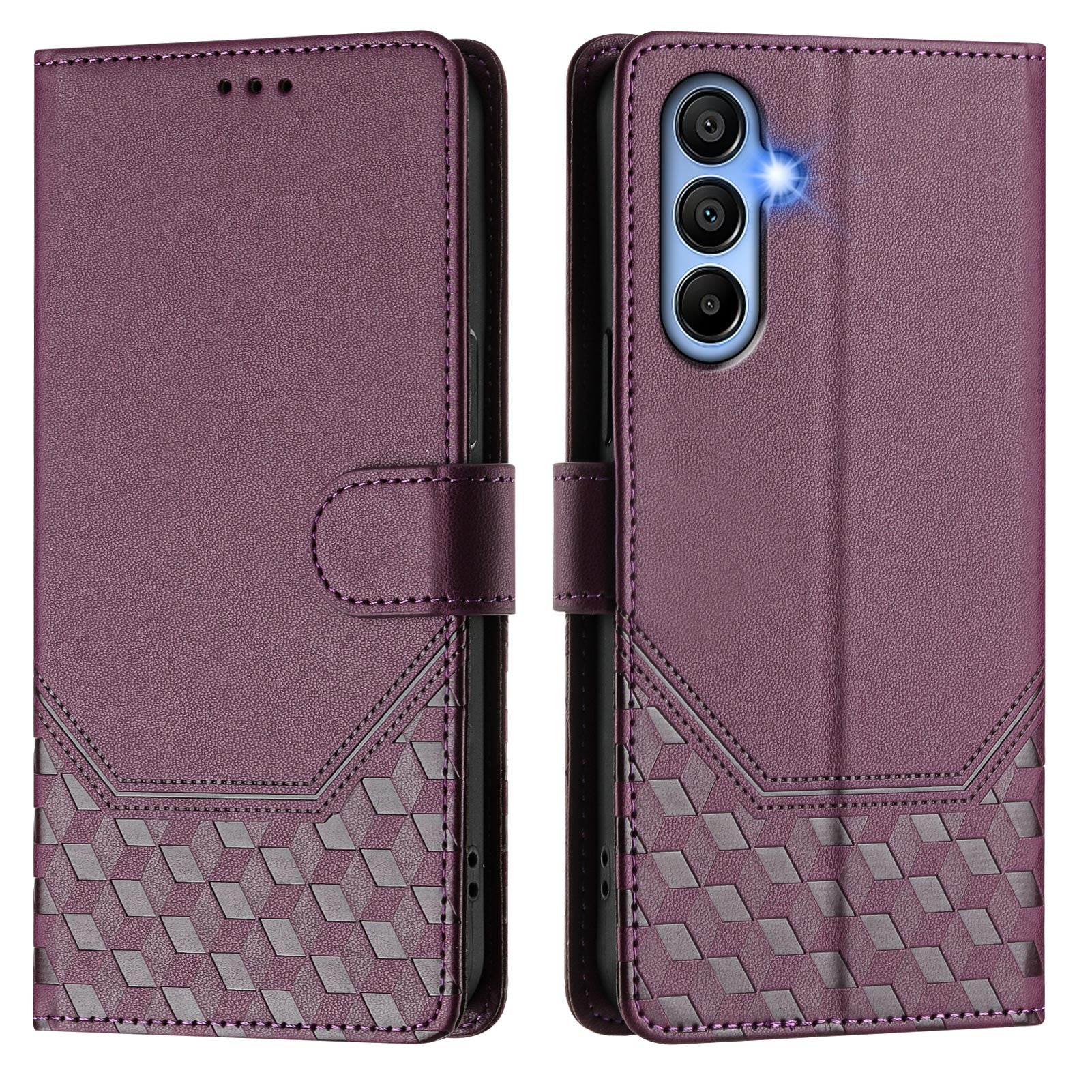For Samsung Galaxy A06 Case Imprinted Honeycomb RFID Blocking Leather Phone Cover with Strap - Dark Purple