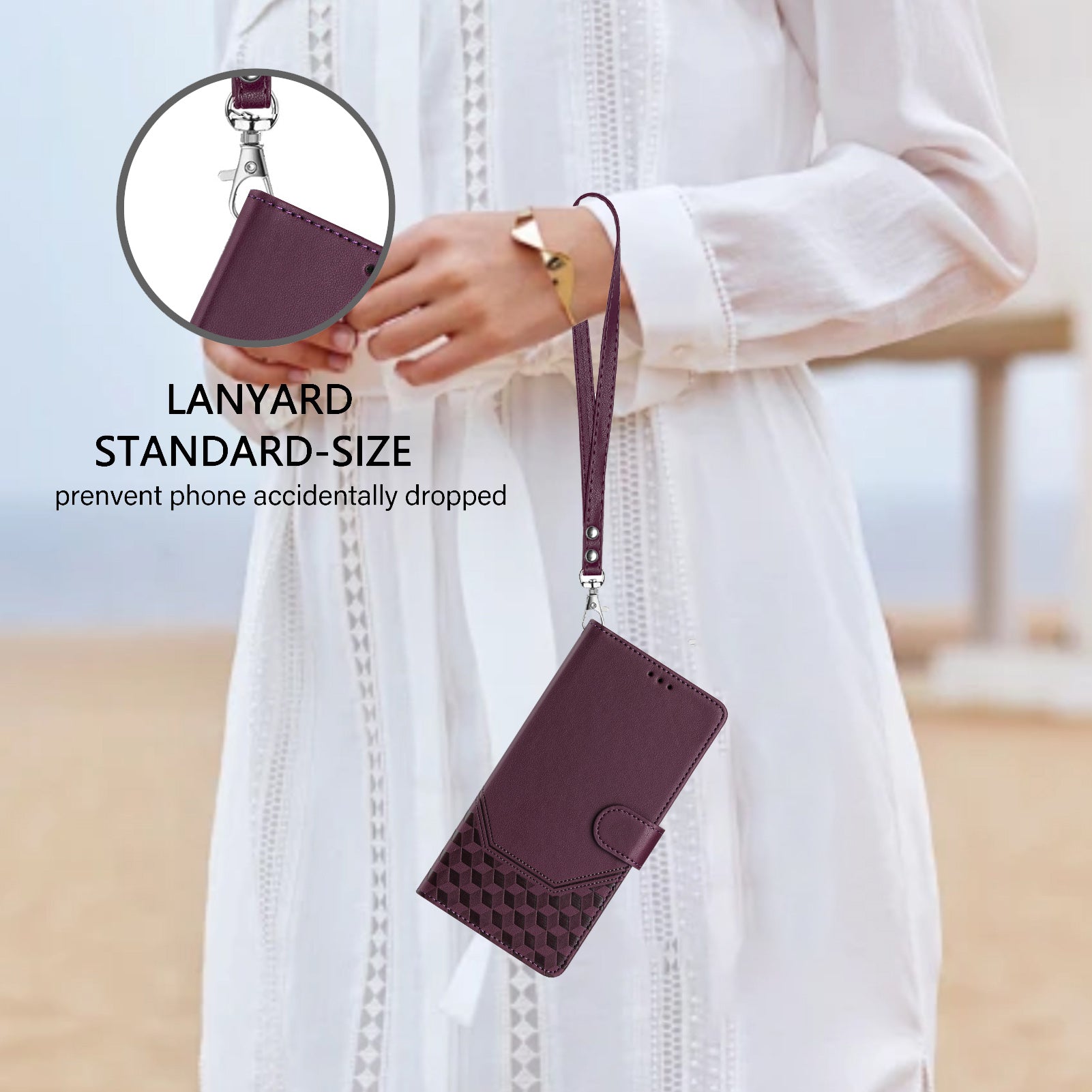For Samsung Galaxy A06 Case Imprinted Honeycomb RFID Blocking Leather Phone Cover with Strap - Dark Purple
