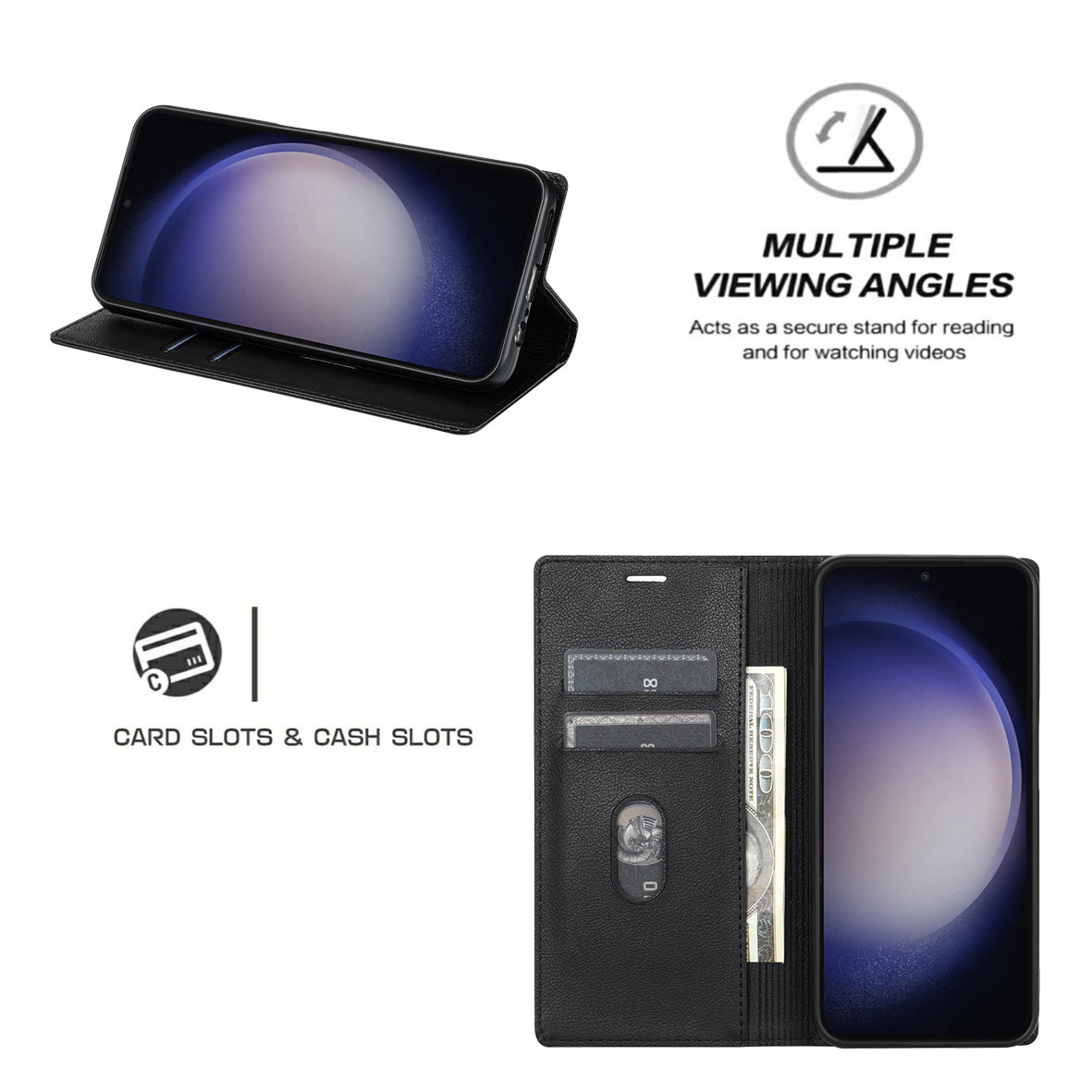 For Samsung Galaxy A16 4G / 5G Wallet Case Magnetic Closure PU Leather Phone Cover - Black