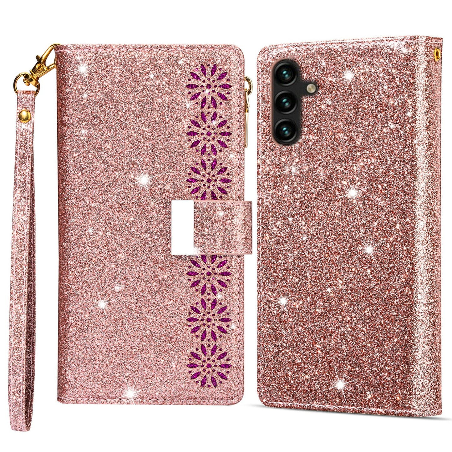 For Samsung Galaxy A16 5G  /  4G Case Starry Sky Carving Leather Wallet Phone Cover - Rose Gold