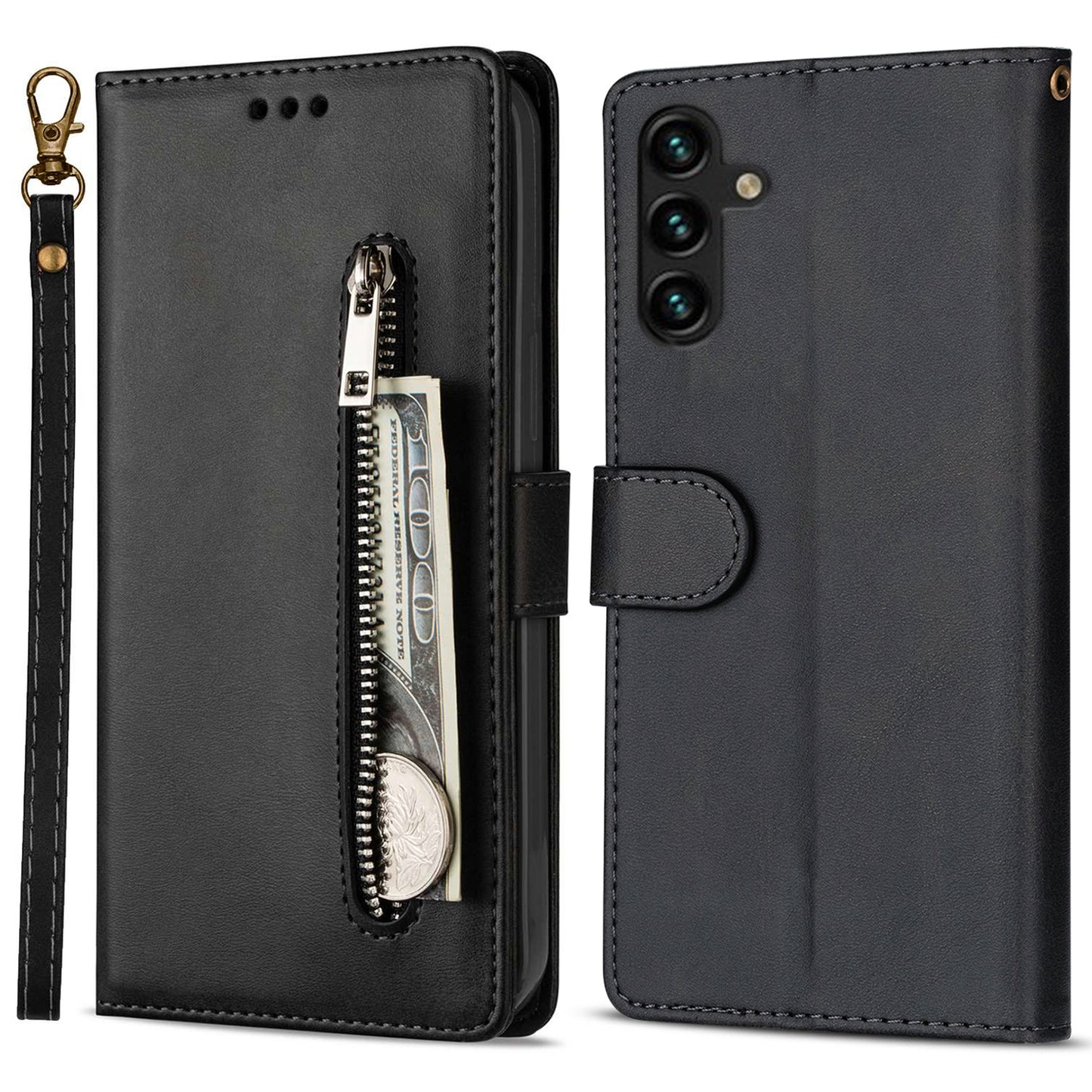 For Samsung Galaxy A16 4G / 5G Case Anti-Scratch Zipper Wallet Leather Phone Cover - Black