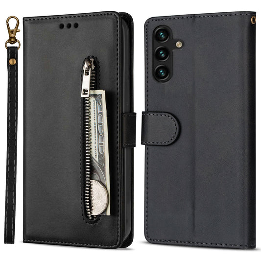 For Samsung Galaxy A16 4G / 5G Case Anti-Scratch Zipper Wallet Leather Phone Cover - Black