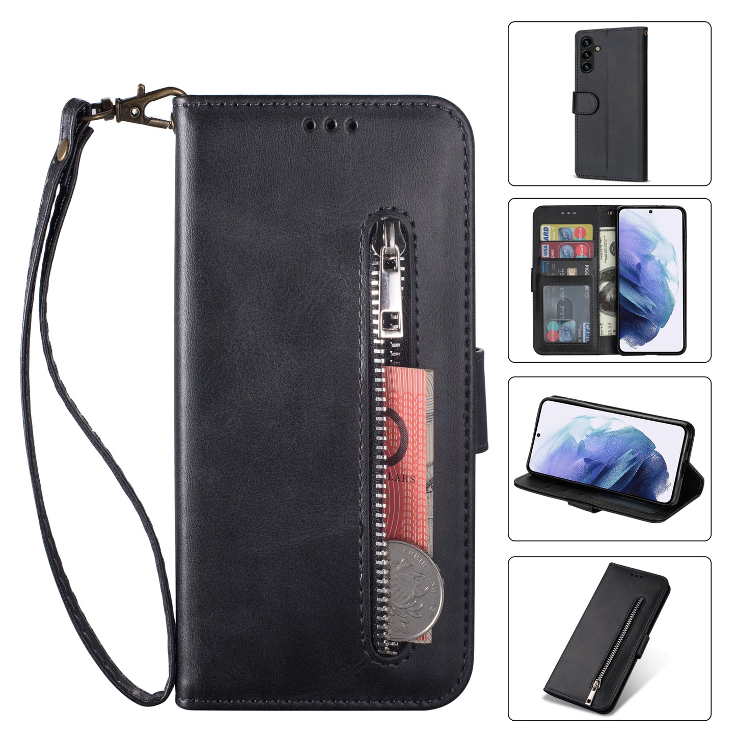 For Samsung Galaxy A16 4G / 5G Case Anti-Scratch Zipper Wallet Leather Phone Cover - Black