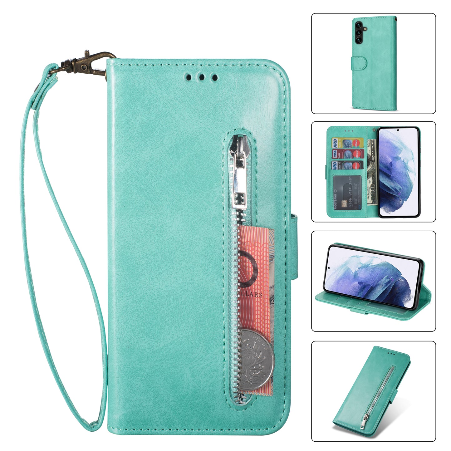 For Samsung Galaxy A16 4G / 5G Case Anti-Scratch Zipper Wallet Leather Phone Cover - Green